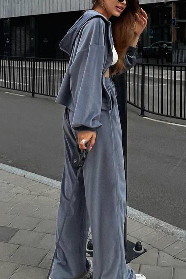 Velvet Casual Zip-up Hooded Top and Elastic Waist Wide Leg Pants Set-consonak