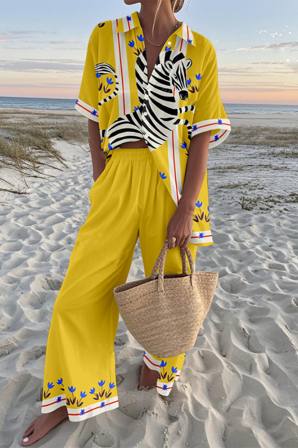 Zebra Print Oversized Shirt and Elastic Waist Pocket Pants Set-consonak