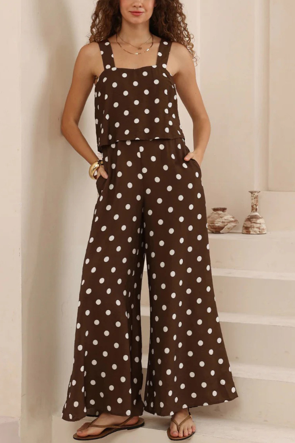 Polka Dot Print Loose Sleeveless Casual Wide-leg Jumpsuit-consonak