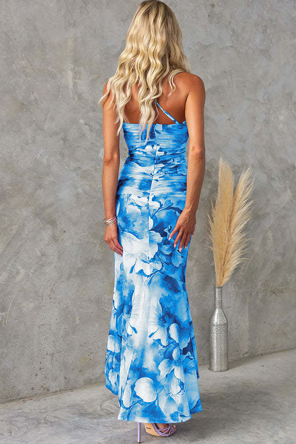 Ladies' elegant party dress, mesh overlay printed one shoulder wave skirt, mesh overlay printed one shoulder pleated elastic long skirt -consonak