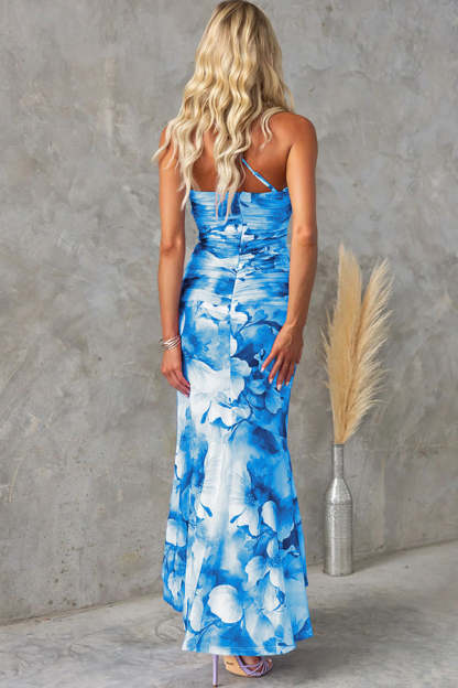 Ladies' elegant party dress, mesh overlay printed one shoulder wave skirt, mesh overlay printed one shoulder pleated elastic long skirt -consonak