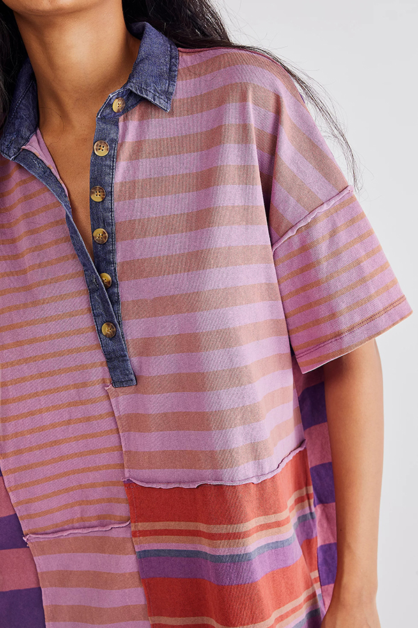 Contrast Striped Patchwork Denim Lapel Loose Casual Mini Dress-consonak