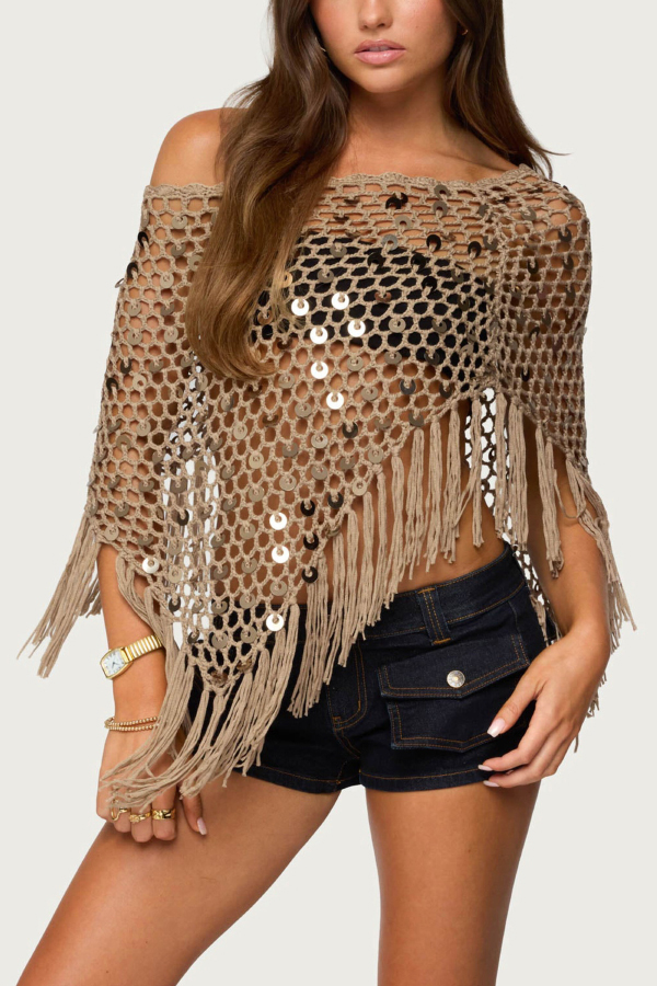 Fashionable Sequined Openwork Woven Tassel Resort Cape-consonak