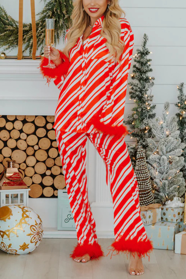Christmas Party Striped Print Pocket Feather Elastic Waist Pajama Set-consonak