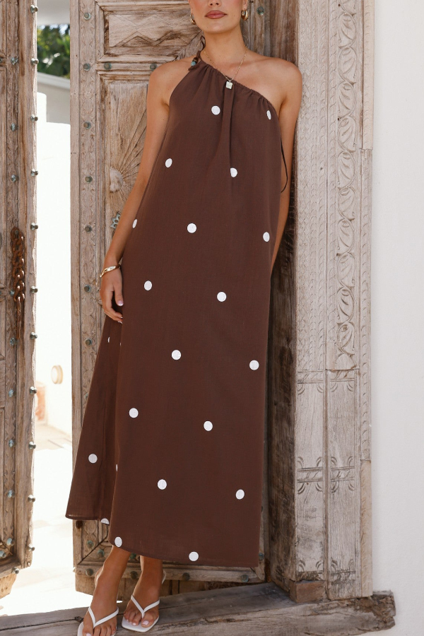 Polka Dot Print Sleeveless One-shoulder Tie-up Casual Vacation Maxi Dress-consonak