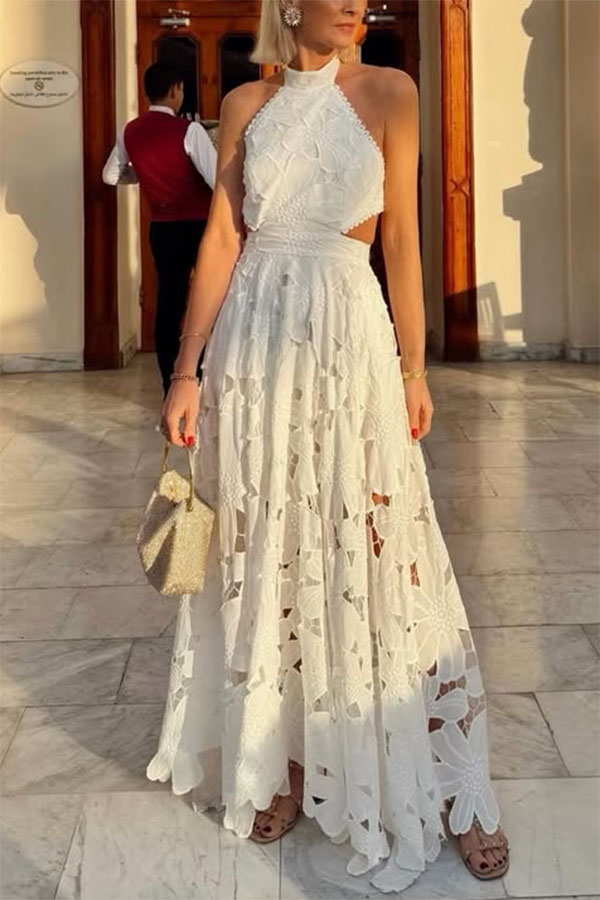 Sevilla Sun Embroidery Crochet Flowers Cutout Waist Halter Backless Maxi Dress-consonak