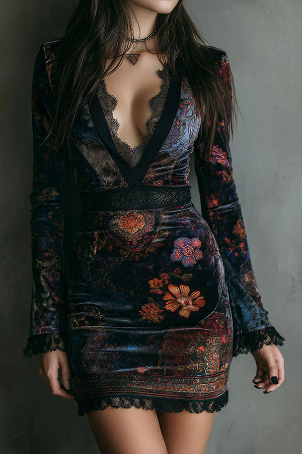 Elegant Velvet Floral Print V-neck Long-sleeved Slim-fit Mini Dress-consonak
