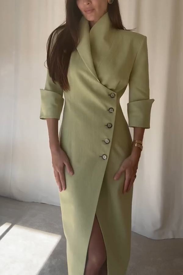Elegant Look Linen Blend Stand Lapel Neck Half Sleeve Side Button Midi Dress-consonak