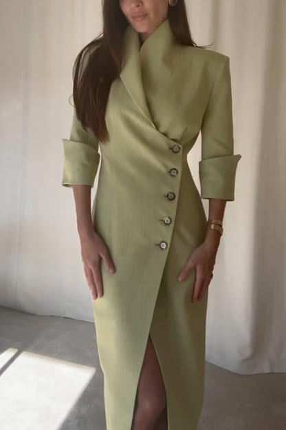 Elegant Look Linen Blend Stand Lapel Neck Half Sleeve Side Button Midi Dress-consonak