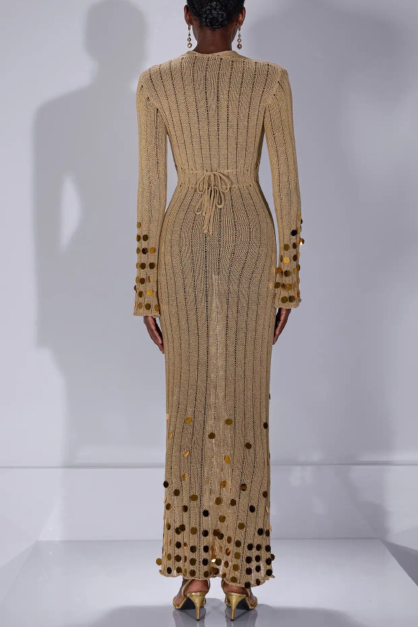 Stylish V-neck Flared Long-sleeved Knit Sequined Maxi Dress-consonak