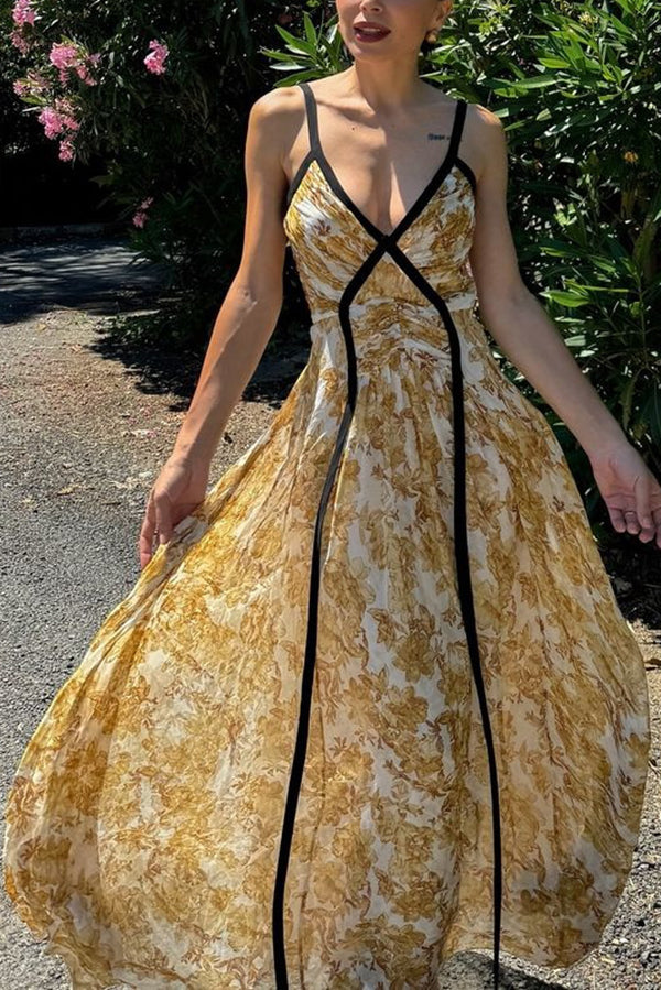 Violet Contrast Unique Print Pleated Backless Strappy Maxi Dress-consonak