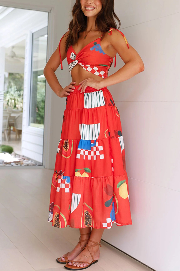 Unique Printed Sexy Camisole Elastic Waist Long Skirt Two Piece Set-consonak