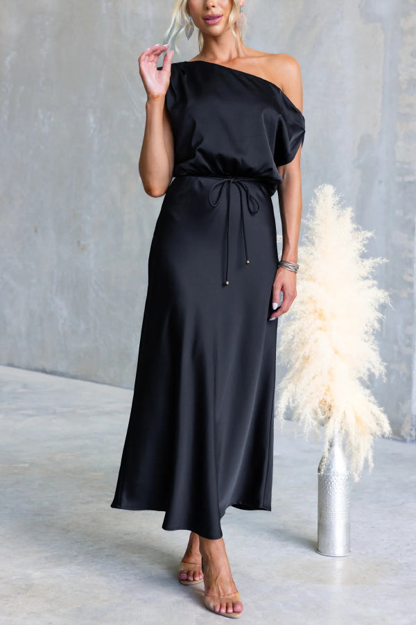 Solid Color One-shoulder Sleeveless Belted Casual Maxi Dress-consonak