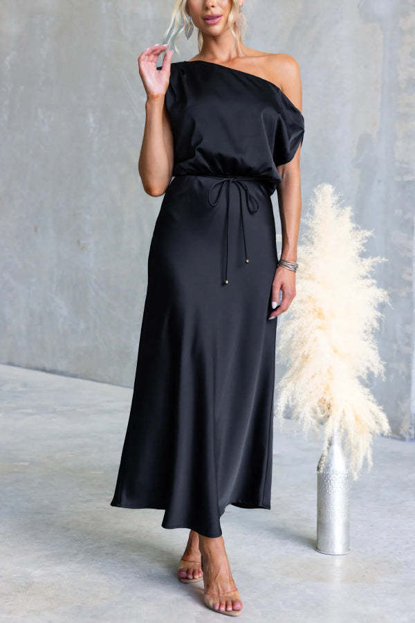 Solid Color One-shoulder Sleeveless Belted Casual Maxi Dress