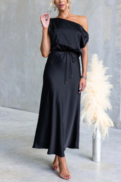 Solid Color One-shoulder Sleeveless Belted Casual Maxi Dress
