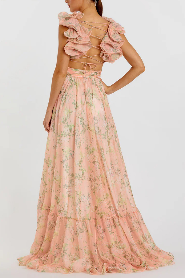 Delicate Garden Chiffon Floral Print Tiered Ruffle Cutout Back Lace-up Gown Maxi Dress | Consonak