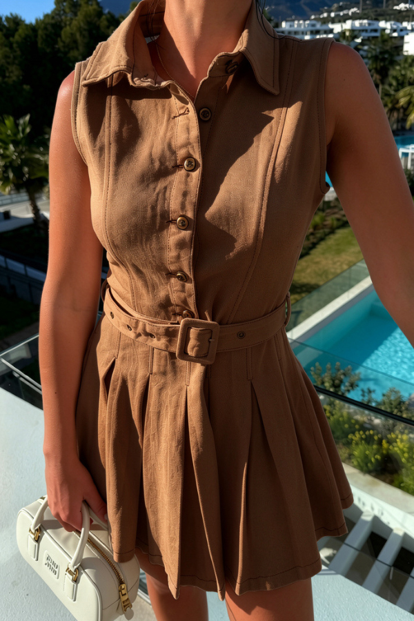 Stylish Collared Sleeveless Button-down Belted Casual Denim Mini Dress