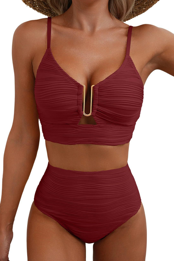 Solid Color V-neck Hollowed-out Pleated High Waist Stretch Two-Piece Bikini Swimsuit | Consonak