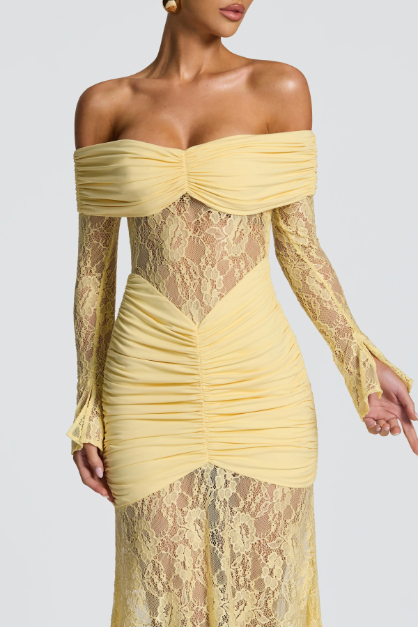 Solid Color Patchwork Lace Off-shoulder Long-sleeved Pleated Slim-fit Maxi Dress | Consonak