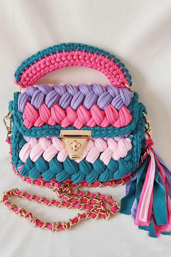 Contrast Color Stitching Braided Chain Tassel Bag-consonak