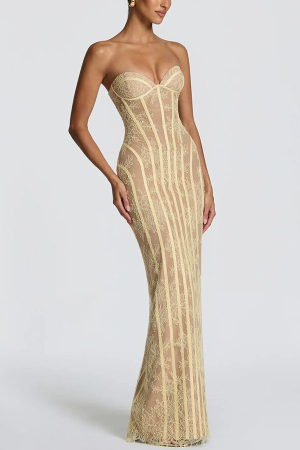 Summer Colour Sian Floral Lace Contrast Structural Detail Back Lace-up Strapless Slit Maxi Dress-Consonak