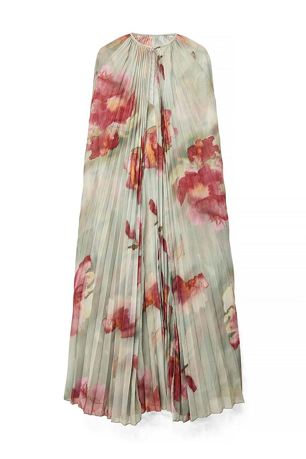 Sweet Story Pleated Chiffon Floral Print Detachable Cape Detail Maxi Dress