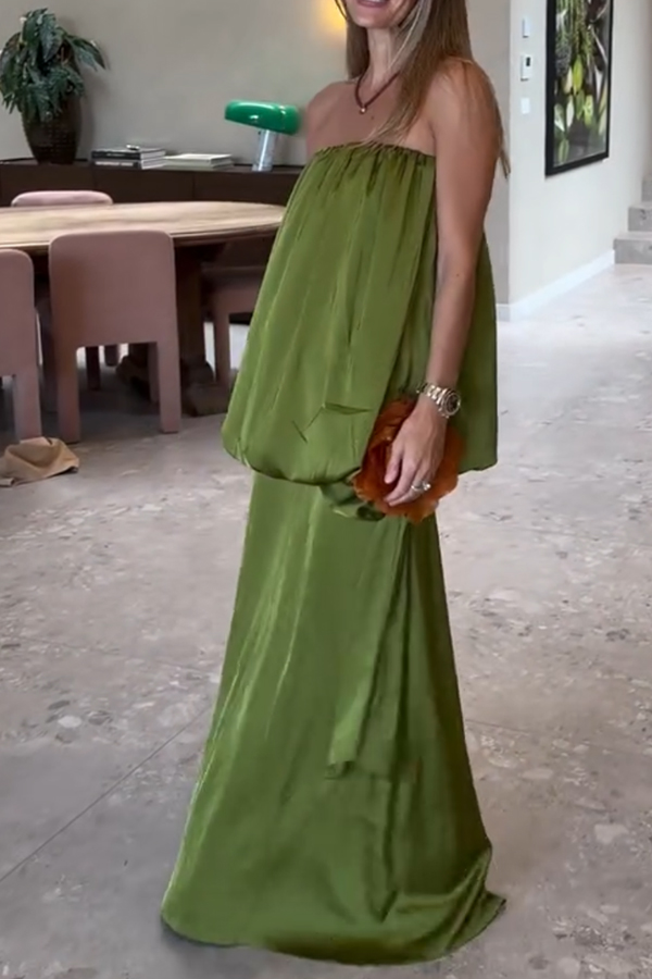 Simple Elegant Satin Voluminous Floral Detail Strapless Top and Elastic Waist Drape Maxi Skirt Set-consonak