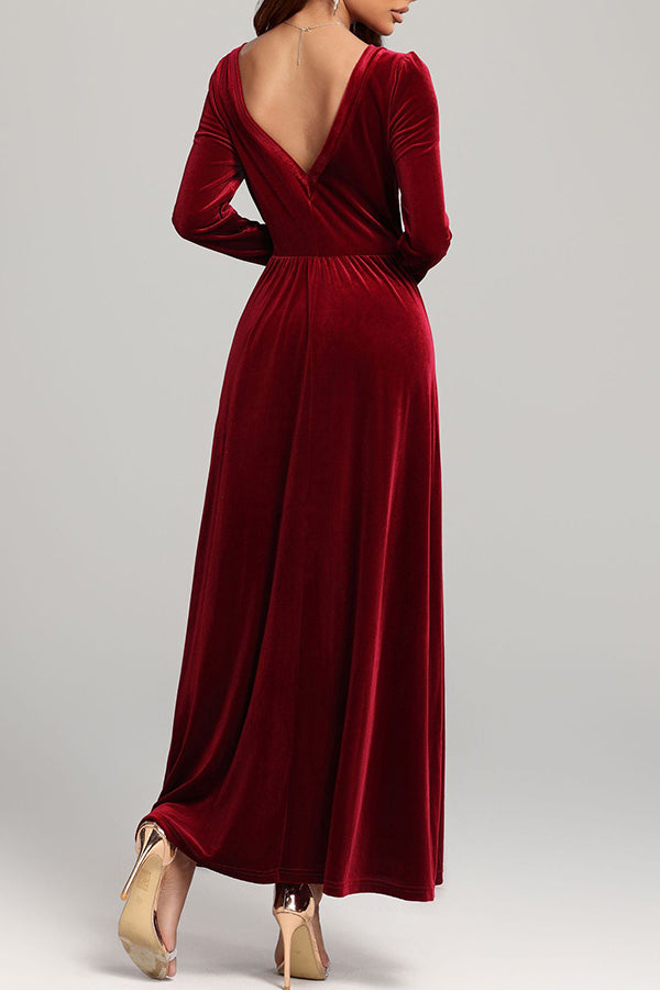 Solid Color Velvet Square Neck Long Sleeve Elegant Maxi Dress-consonak