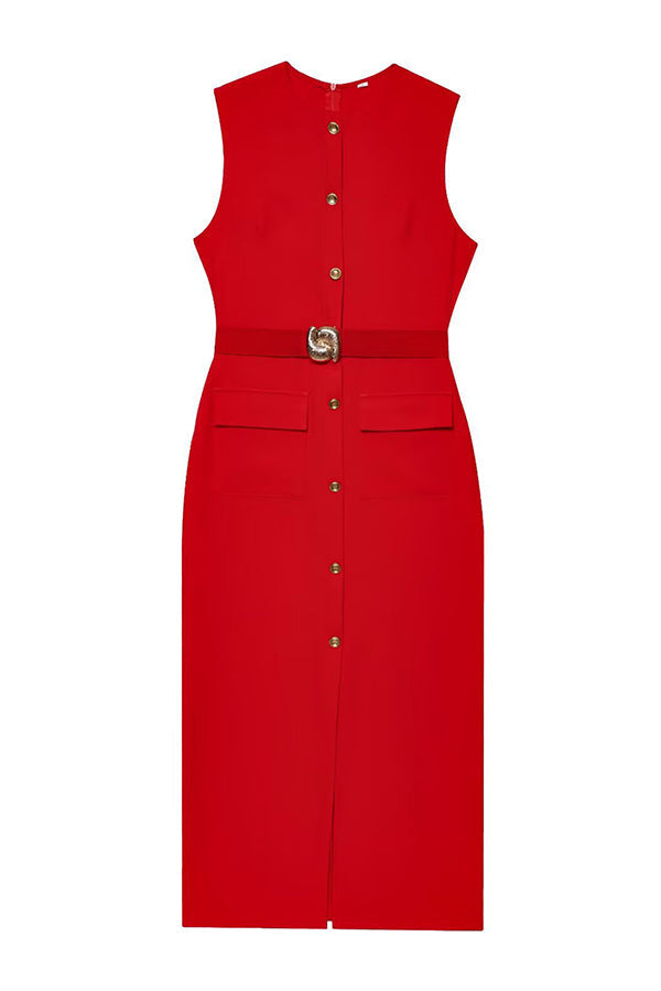 Danina Button Up Sleeveless Metal Belted Pocket Stretch Midi Dress-consonak