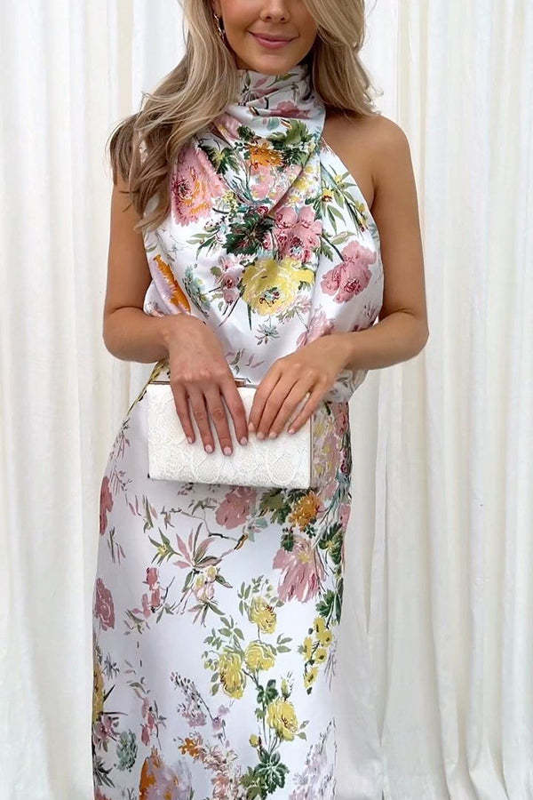 Wine Country Dates Floral Halter Neck Elastic Waist Party Midi Dress-consonak