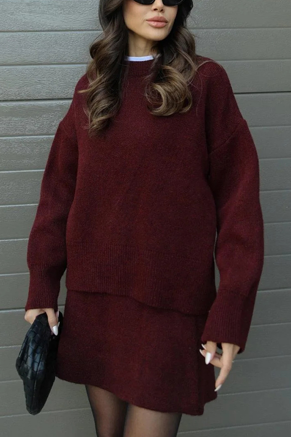 Solid Color Casual Preppy Knit Top and Knit Stretch Mini Skirt Set-consonak