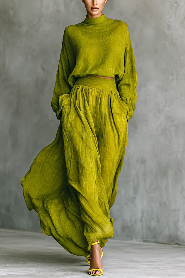 Linen Blend Solid Color Loose Long-sleeved Top and High-waisted Casual Pocket Maxi Skirt Set-consonak