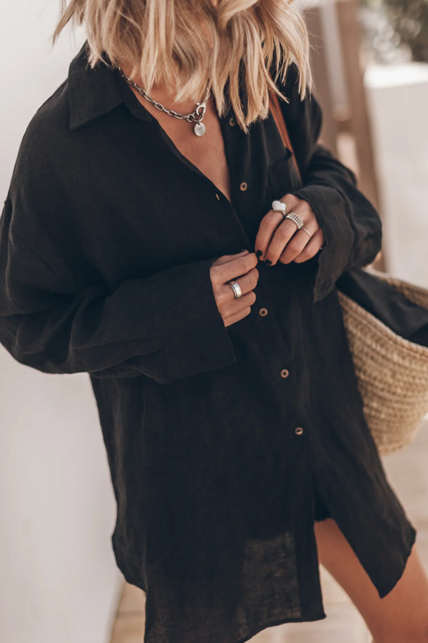 Go To The Beach Linen Blend Pocketed Long Sleeve Oversized Shirt | Consonak