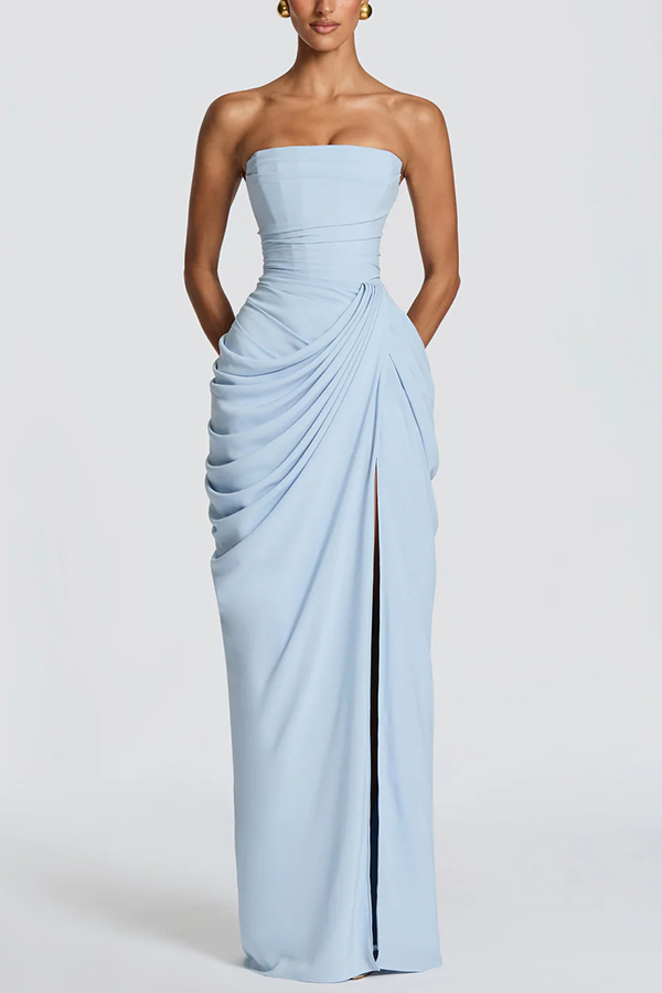 Cyra Chiffon Back Lace-up Asymmetrical Pleats Strapless Slit Maxi Dress | Consonak