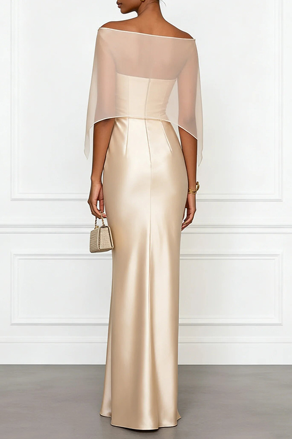 Lucero 3D Floral Satin Boat Neck Short Sleeve Sheath  Capelet Gown Maxi Dress