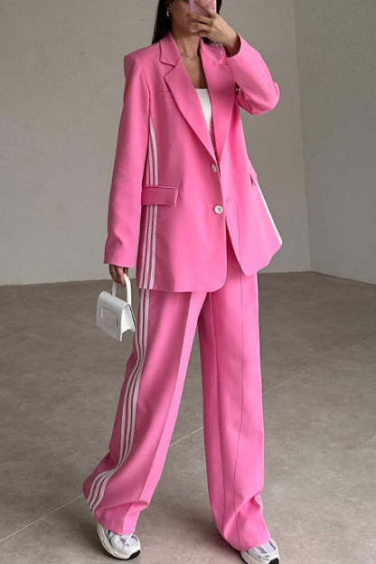 Fresh and Casual Style Striped Trim Lapel Blazer and High Rise Pocket Loose Pants Set-consonak