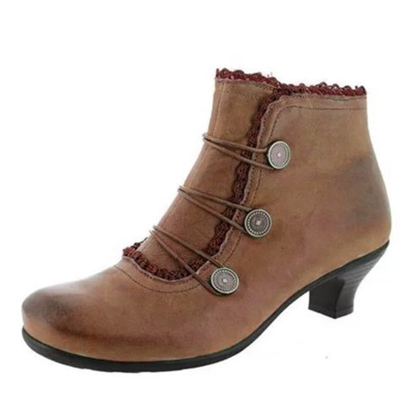 Retro Lace Round Buckle Low Heel Martin Boots-consonak
