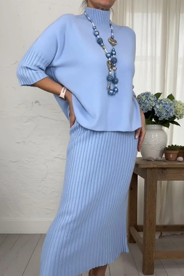Solid Color Loose-fitting Turtleneck Knit Sweater and Stretchy Elegant Midi Skirt Set-consonak