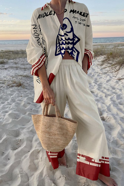 Unique Ocean Print Oversized Shirt and Elastic Waist Pocket Pants Set-consonak