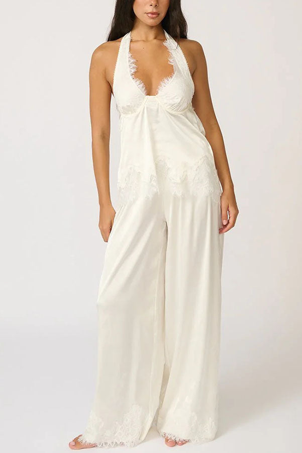 Elegant Morning Satin Lace Trim Halter Tie-up Tank and Elastic Waist Loose Pants Set-consonak