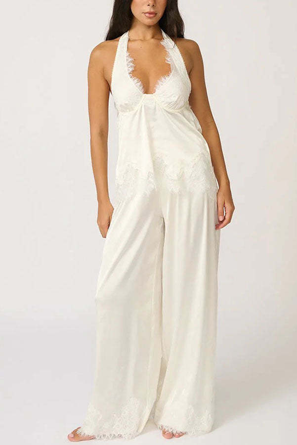 Elegant Morning Satin Lace Trim Halter Tie-up Tank and Elastic Waist Loose Pants Set-consonak