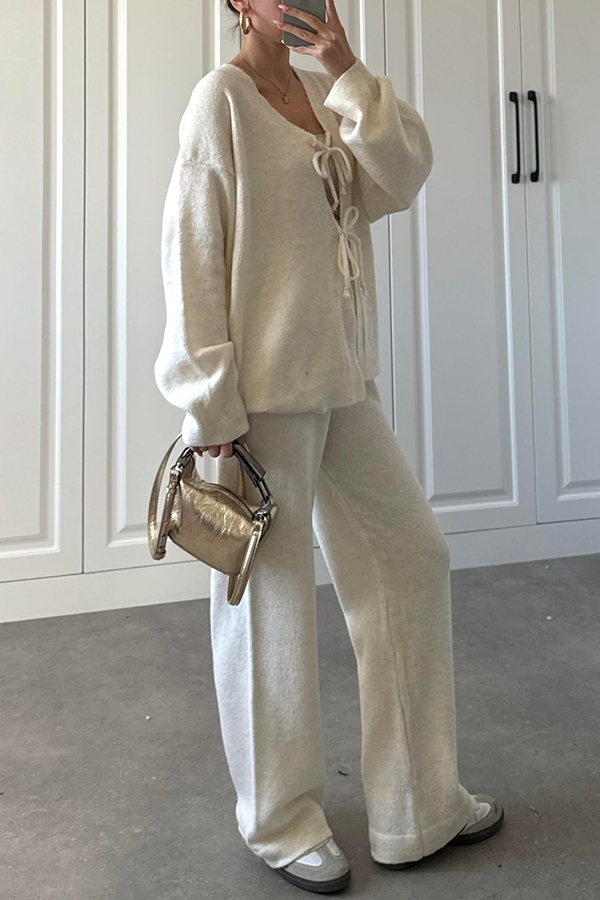 Solid Color V-neck Tie Long-sleeved Loose Knit Cardigan and Elastic Waist Casual Straight Leg Pants Set-consonak