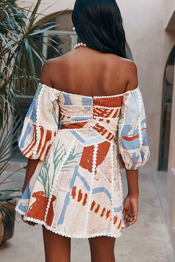 Como Linen Blend Ric Rac Trims Unique Print Puff Sleeve Mini Dress | Consonak
