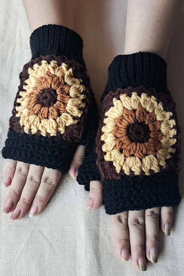 Knitted Sunflower Warm Half Finger Wool Gloves-consonak