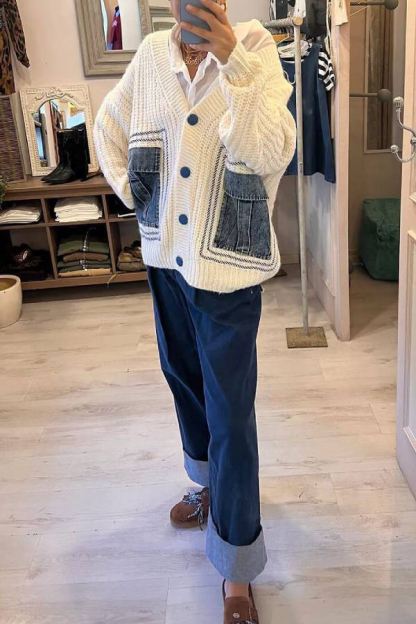 Fashionable Loose Spliced ​​denim Pocket Knitted Sweater Cardigan-consonak