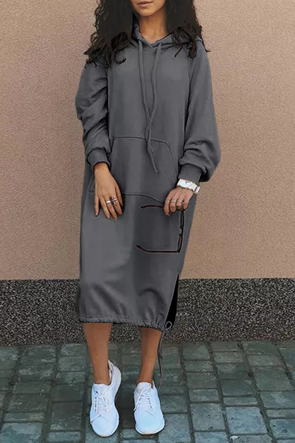 Solid Color Casual Hooded Lace-up Pocket Sweatshirt Style Midi Dress-consonak