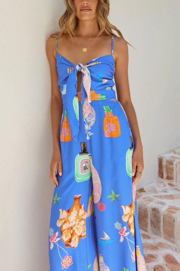 Perfume Bottle Print Strappy Fitted Waist Casual Pocket Wide-Leg Jumpsuit-consonak