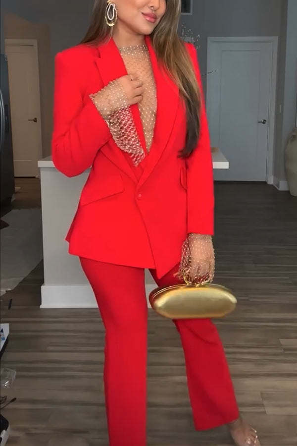 Luxe Lifestyle Single Button Lapel Blazer and Elastic Waist Pocketed Straight Suit Pants Set-Consonak