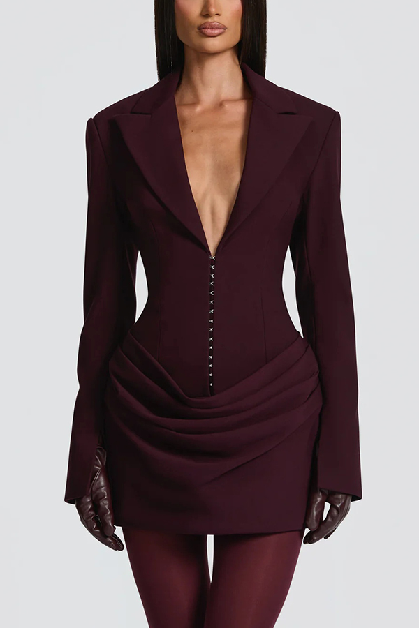 Solid Color Slim-fit V-neck Elegant Draped Formal Mini Dress | Consonak