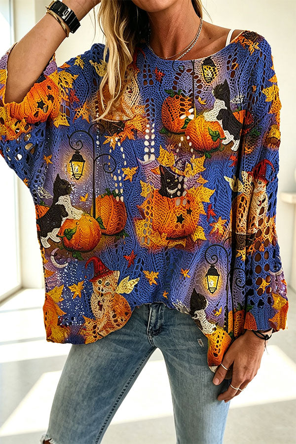 Halloween Pumpkin & Bat Hollow Out Knit Oversized Sweater-Consonak